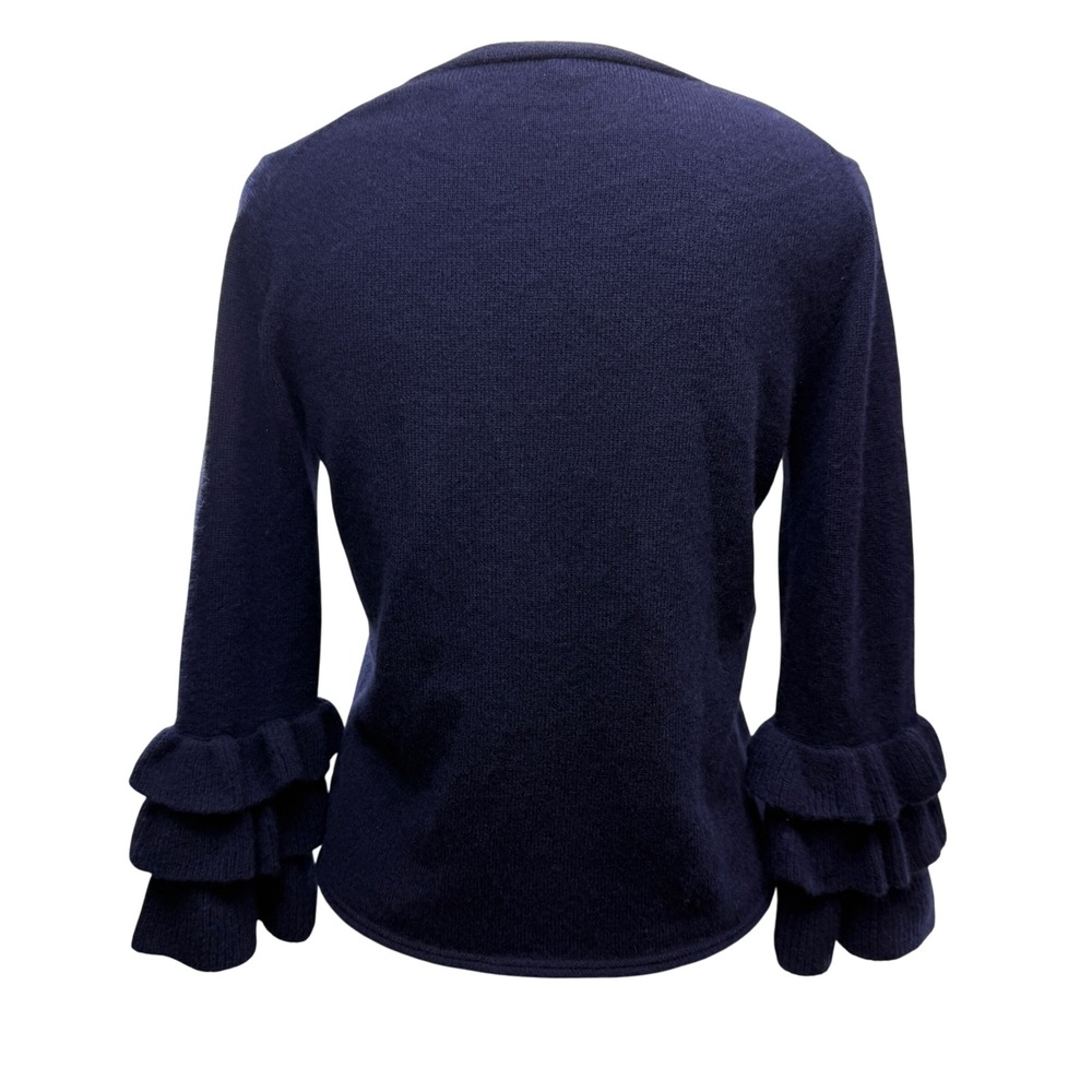 Margaret O'Leary Navy Blue 100% Cashmere Sweater XS V Neck Ruffle Sleeve Sweater - Picture 5 of 8